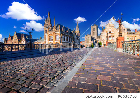 Gent, Belgium. Graslei and bell tower at River Leie, Flanders. 96030716