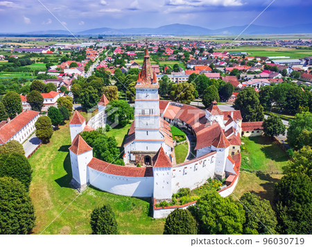 Transylvania, Romania. Harman fortified church aerial view. 96030719