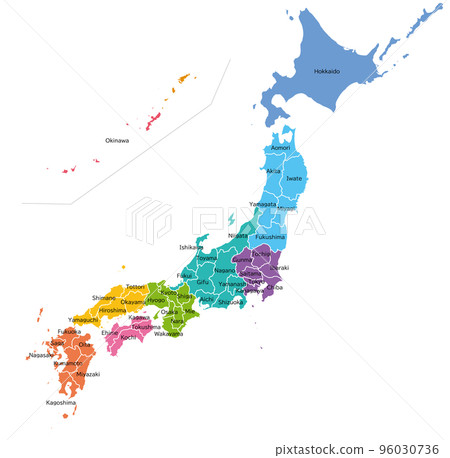 日本地圖，按地區、縣名（英文）進行顏色編碼 96030736