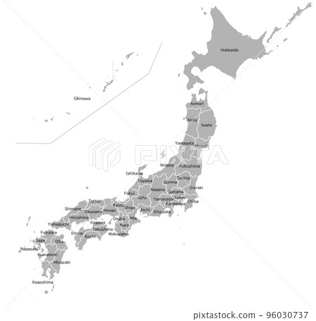 Map of Japan with prefectural borders, monochrome, English 96030737