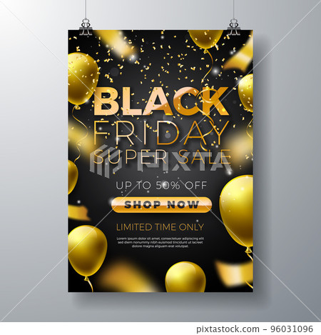 Black Friday Sale Illustration with Golden Lettering and Party Balloon on Dark Background. Vector New Year and Christmas Design Template for Greeting Card, Flyer, Banner, Celebration Poster or Party 96031096