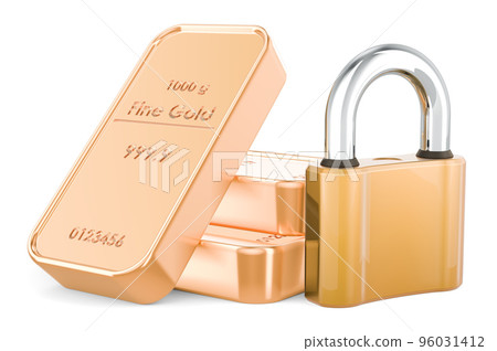 Golden bullions with padlock, 3D rendering 96031412