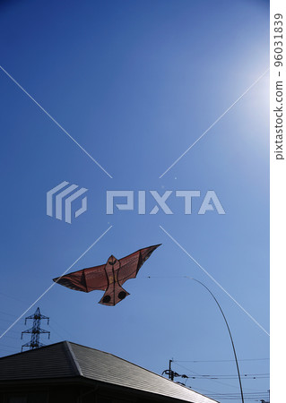 A bird-shaped kite against harmful birds dancing in the blue sky A bird-shaped kite against harmful birds dancing in the blue sky 96031839