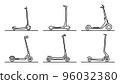Set of flat design images of kick scooters drawn in art line style. 96032380