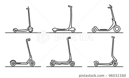 Set of flat design images of kick scooters drawn in art line style. 96032380