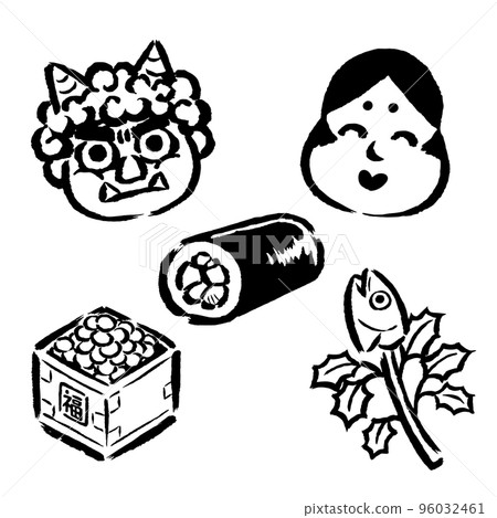 Setsubun items (Oni, Otafuku, Ehomaki, Fukumame, Hiiragi sardine) single-color line drawing with brush touch Setsubun items (Oni, Otafuku, Ehomaki, Fukumame, Hiiragi sardine) single-color line drawing with brush touch 96032461