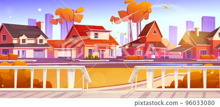 Autumn street with cottages from house terrace 96033080