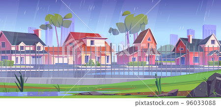 Suburban area at rain, street with cottage houses Suburban area at rain, street with cottage houses 96033088