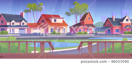 Suburb street with houses, wooden terrace in rain Suburb street with houses, wooden terrace in rain 96033090
