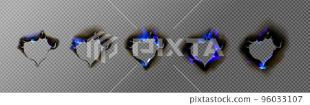 Burn paper holes with blue fire, burnt frames set 96033107