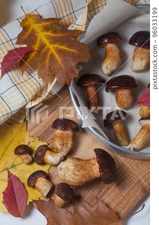 Several Imleria Badia or Boletus badius mushrooms commonly known as the bay bolete, vintage baking sheet with mushrooms on wooden cutting board.. Several Imleria Badia or Boletus badius mushrooms commonly known as the bay bolete, vintage baking sheet with mushrooms on wooden cutting board.. 96033199