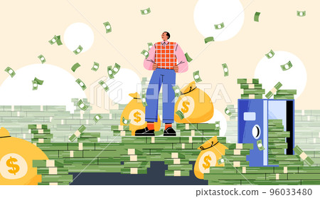 Rich man standing under money rain 96033480