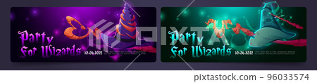 Wizard party banner with magic staff, wand and hat 96033574