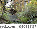 Gate at the end of moss-covered stone steps in the mountains 96033587