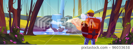 Traveler looking on map at scenery 2d landscape Traveler looking on map at scenery 2d landscape 96033638