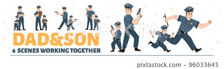 Flat dad and son playing police officers together 96033645