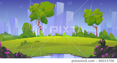Pouring rain in green urban park, cartoon 96033706