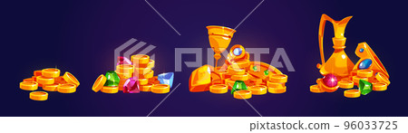 Treasure piles, pirate loot, gold coins, crystals Treasure piles, pirate loot, gold coins, crystals 96033725