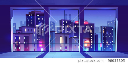 Empty room, night office interior with city view 96033805
