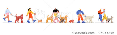People walking with dogs on leash flat set 96033856