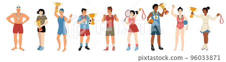 Happy athletes winners with gold medals and cups 96033871