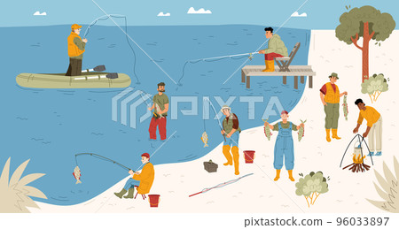 Fishermen with rods catch fish in river Fishermen with rods catch fish in river 96033897