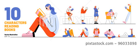 Set of people reading books, prepare for exams 96033898