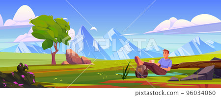 Man relax on green field at wild nature landscape Man relax on green field at wild nature landscape 96034060