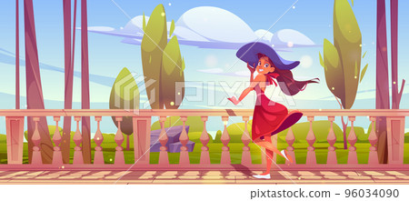 Woman stand at outdoor home terrace with baluster 96034090