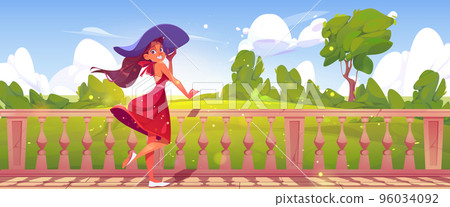 Beautiful girl on house terrace with balustrade 96034092