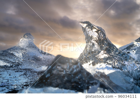 Diamond beach, Iceland. Pieces of icebergs with clear ice. Reflections and light Diamond beach, Iceland. Pieces of icebergs with clear ice. Reflections and light 96034111