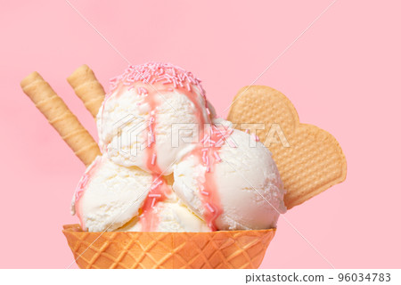 cone with scoops of ice cream strewed sprinkles 96034783