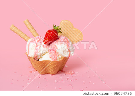 cone with scoops of ice cream strewed sprinkles 96034786