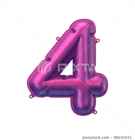 3D Render of pink purple inflatable foil balloon 4 figure. Party decoration element. Number four isolated on white background. New year celebration postcard part. Graphic element sign for web design 96035031