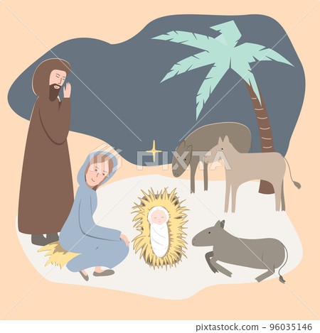Flat illustration Christian Nativity scene. Virgin Mary, Jesus Christ, Joseph, animals, Bethlehem night and star. Merry Christmas greeting card Flat illustration Christian Nativity scene. Virgin Mary, Jesus Christ, Joseph, animals, Bethlehem night and star. Merry Christmas greeting card 96035146