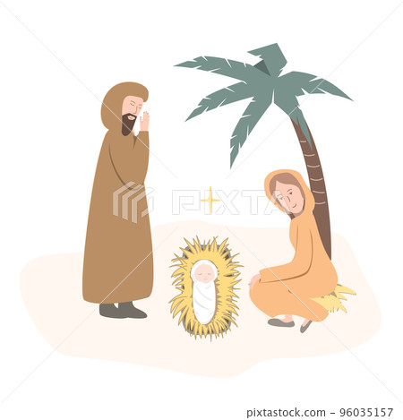 Christian Nativity scene. Virgin Mary, Jesus Christ, and Joseph. Merry Christmas greeting card. Manger scene with newborn Jesus Christian Nativity scene. Virgin Mary, Jesus Christ, and Joseph. Merry Christmas greeting card. Manger scene with newborn Jesus 96035157