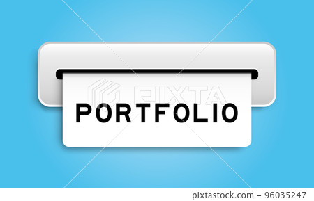 White coupon banner with word portfolio from machine on blue color background 96035247