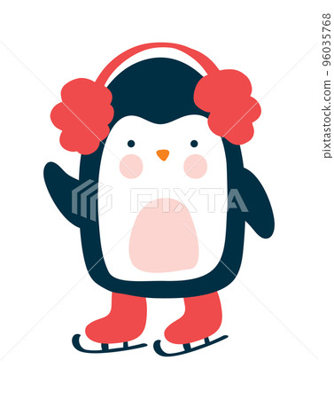 Cute Christmas baby vector winter penguin in red hat and skates in cartoon style. Isolated on white background flat illustration. Picture drawn with color Cute Christmas baby vector winter penguin in red hat and skates in cartoon style. Isolated on white background flat illustration. Picture drawn with color 96035768