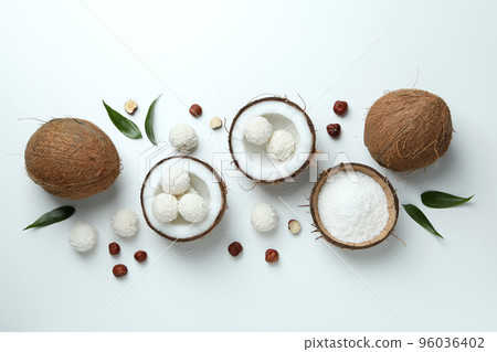 Concept of tasty sweets, coconut candies, top view 96036402