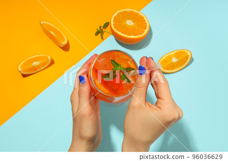 Concept of fresh alcohol drink, Aperol Spritz, top view Concept of fresh alcohol drink, Aperol Spritz, top view 96036629