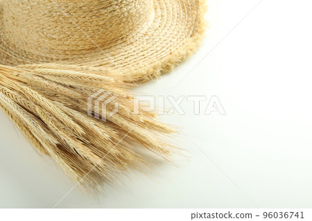 Hat and spikelets on white background, space for text Hat and spikelets on white background, space for text 96036741