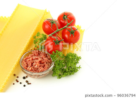 Ingredients for cooking lasagna isolated on white background Ingredients for cooking lasagna isolated on white background 96036794