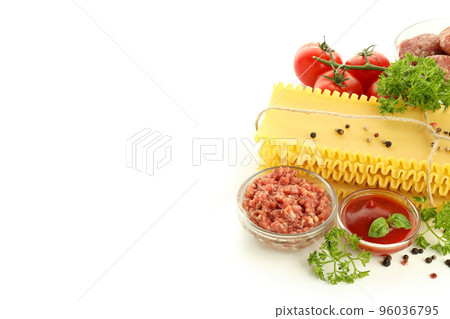 Ingredients for cooking lasagna isolated on white background Ingredients for cooking lasagna isolated on white background 96036795