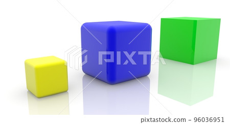 Three different size and color cubes on white Three different size and color cubes on white 96036951