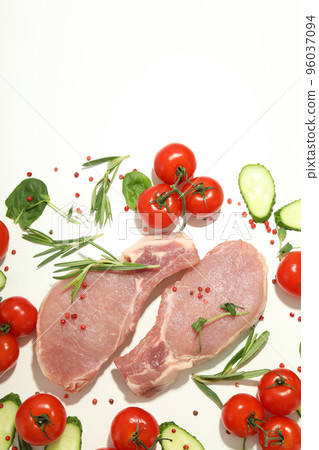 Raw meat, tomatoes, cucumbers and spices on white background 96037094