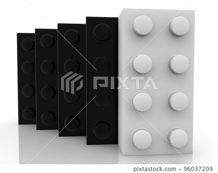 Black toy bricks with white toy bricks in the foreground on a white background Black toy bricks with white toy bricks in the foreground on a white background 96037209
