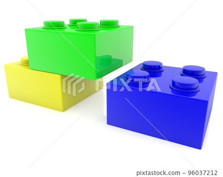 Three different colored toy bricks in unfinished construction on white Three different colored toy bricks in unfinished construction on white 96037212