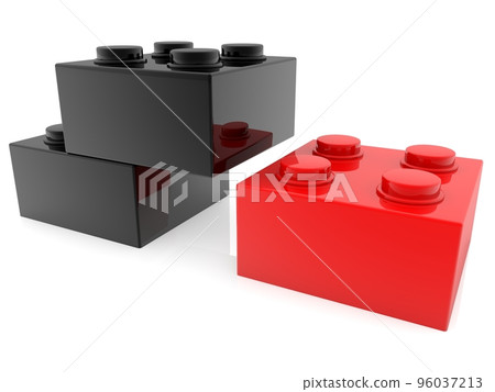 Three toy bricks in unfinished construction on white Three toy bricks in unfinished construction on white 96037213
