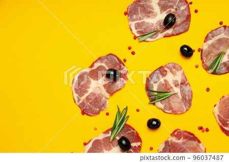 Concept of delicious food with jamon, space for text Concept of delicious food with jamon, space for text 96037487