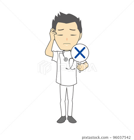 Illustration of a man in a Casey-type white coat holding a cross tag Illustration of a man in a Casey-type white coat holding a cross tag 96037542